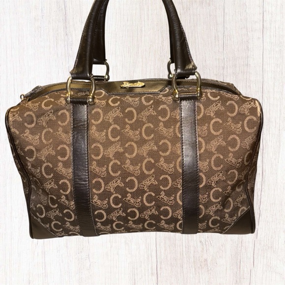 CELINE C Sulky Boston Bag Canvas Leather Brown Gold - Picture 1 of 17